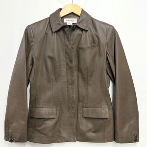 Calvin Klein Women’s XS Brown Genuine Leather Jacket Blazer Collar Hidden Button